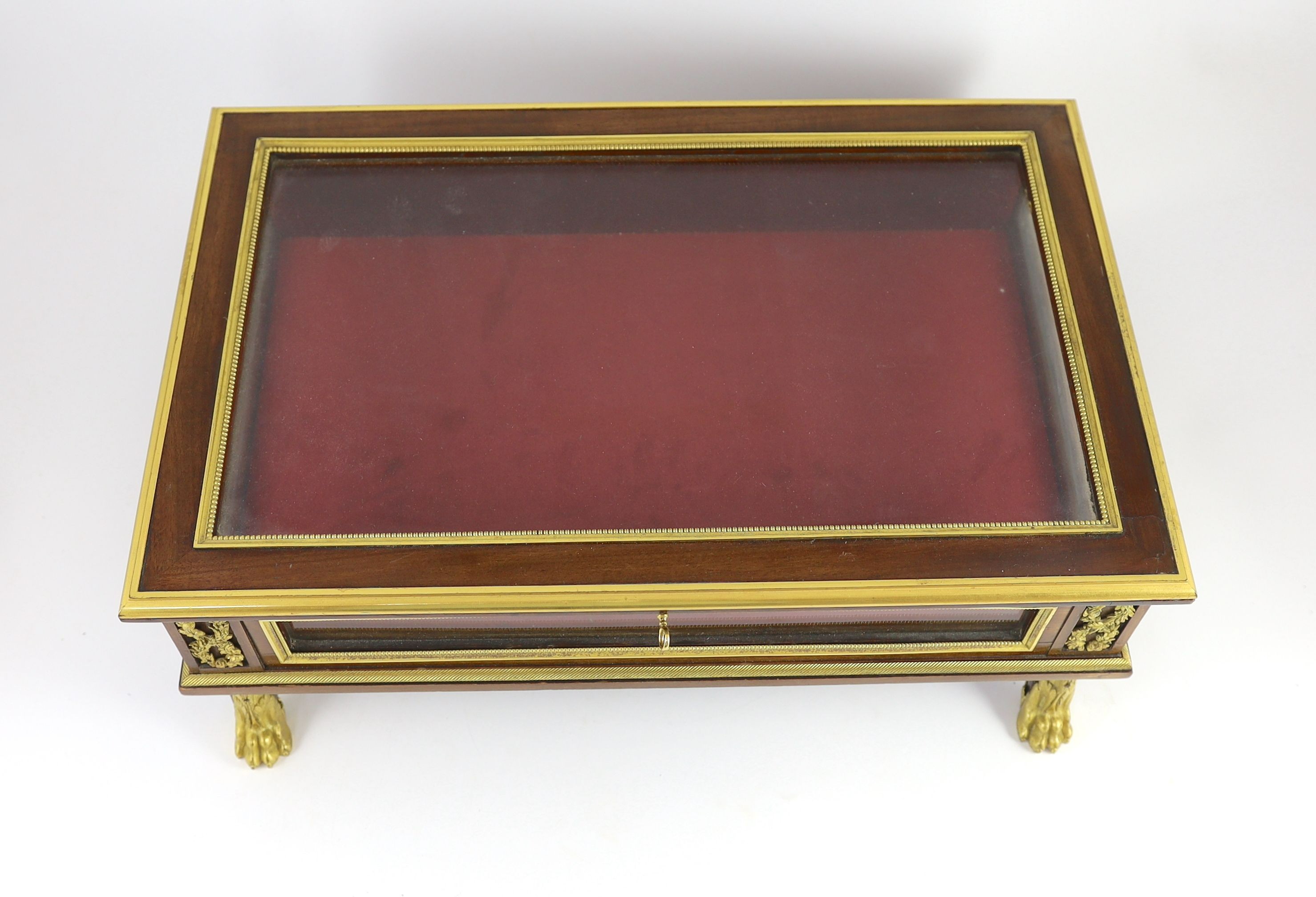 An early 20th century French ormolu mounted mahogany table top bijouterie cabinet, W.50cm D.33cm H.18cm